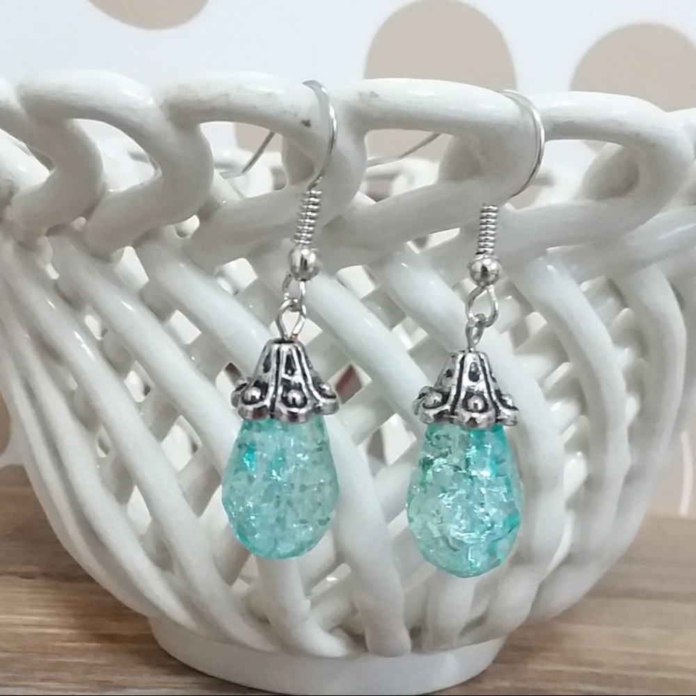 Aqua Crackle Glass Silver Tone Earrings